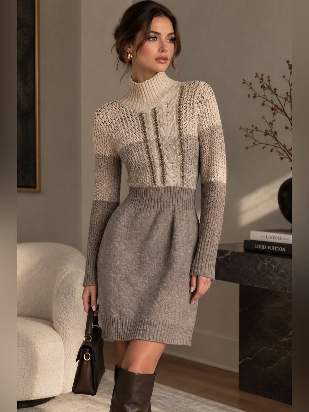 Vintage-Inspired Chunky Knit Turtleneck Sweater Dress | Neutral Color Block |